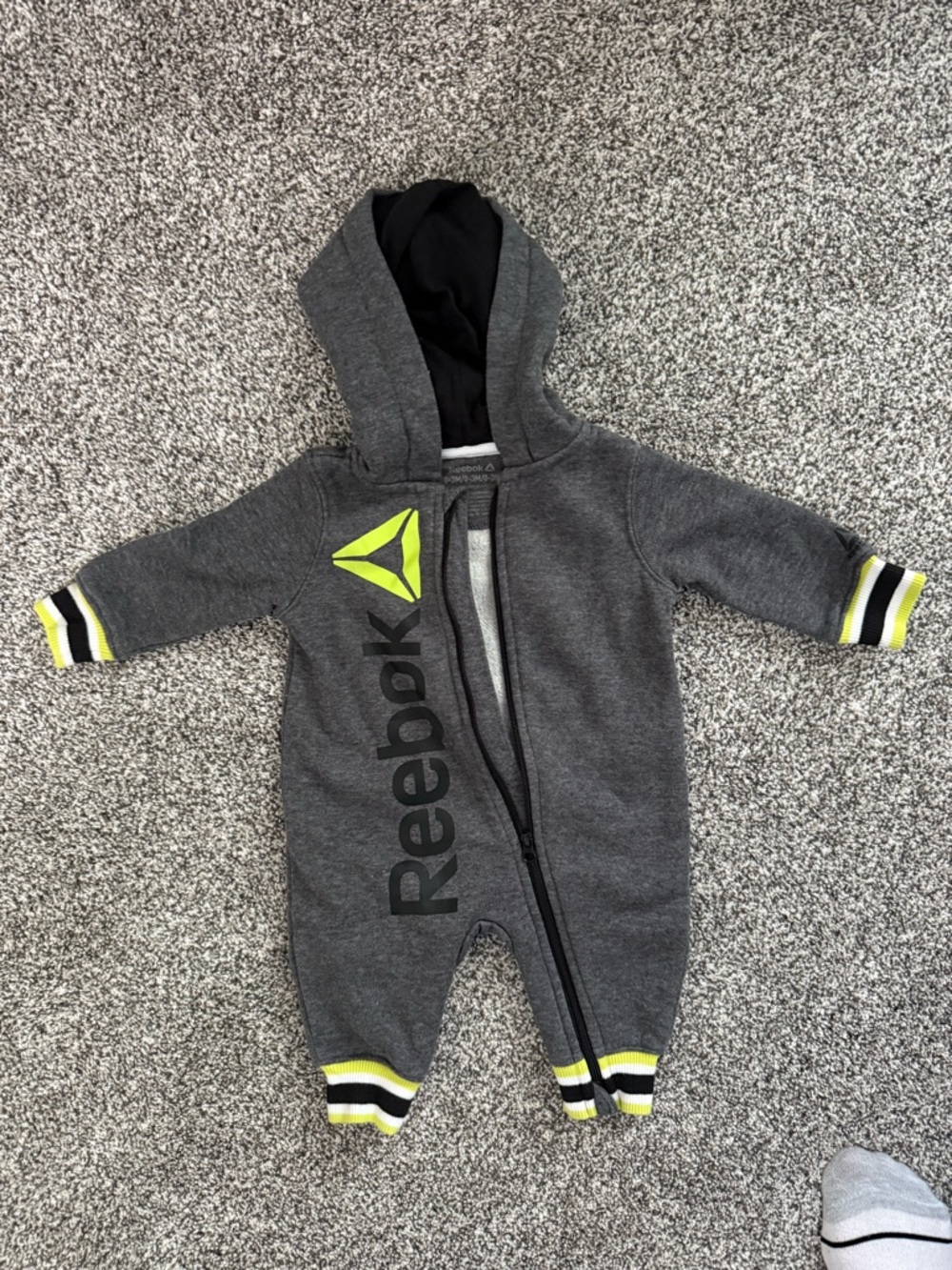 Reebok Gray Hooded Footie with Neon Yellow Accents